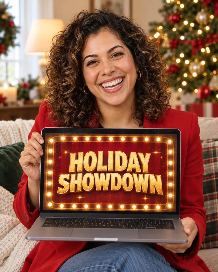 Dani, the virtual host of Marquee Party Games, in a red blazer holding a laptop showing the Holiday Showdown game