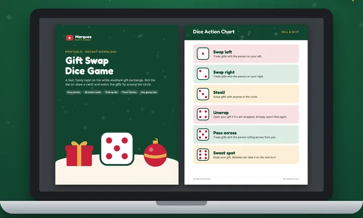 Gift Swap Dice Game shown on a laptop screen