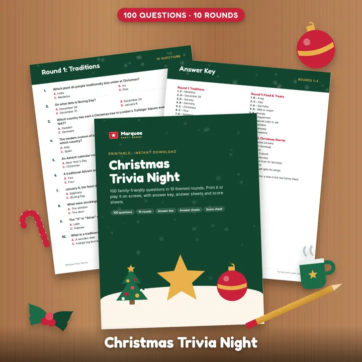Printed Christmas Trivia Night pages on a table